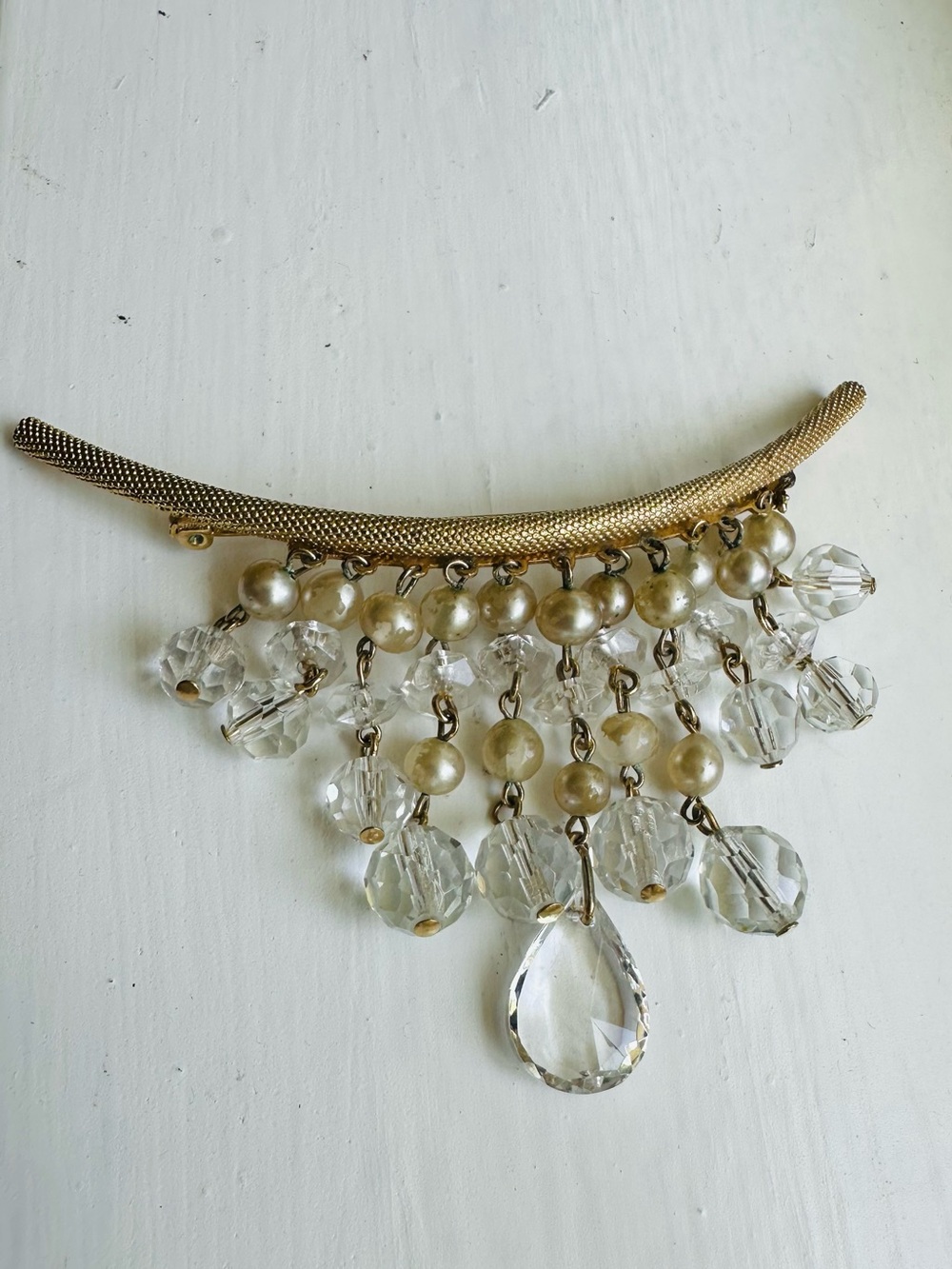 Vintage Gold-Tone Fringe Brooch with Faux Pearls and Faceted Crystal Drops